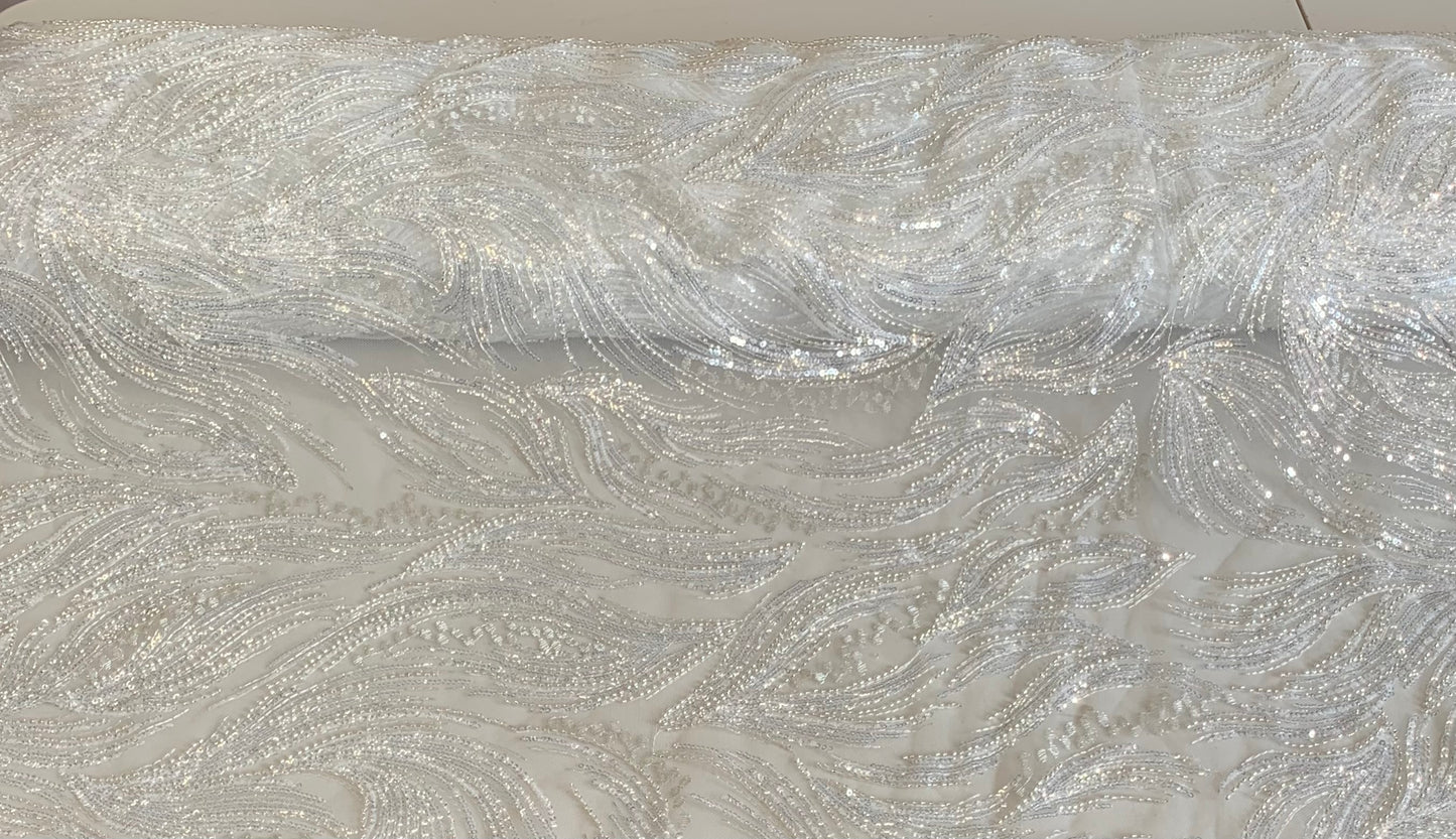 Silver/White Mesh Lace Fabric with Sequins and Bead Embroidery - 52" Wide- Sold by the Yard.