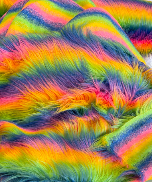 Rainbow Long Pile Faux Fur Fabric 60-62" Wide